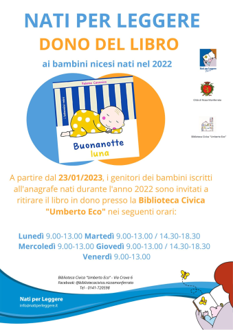 "Dono del libro": il Comune di Nizza Monferrato offre in biblioteca un libro gratis ai bimbi nicesi nati nel 2022